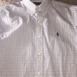 White and blue striped polo dress shirt